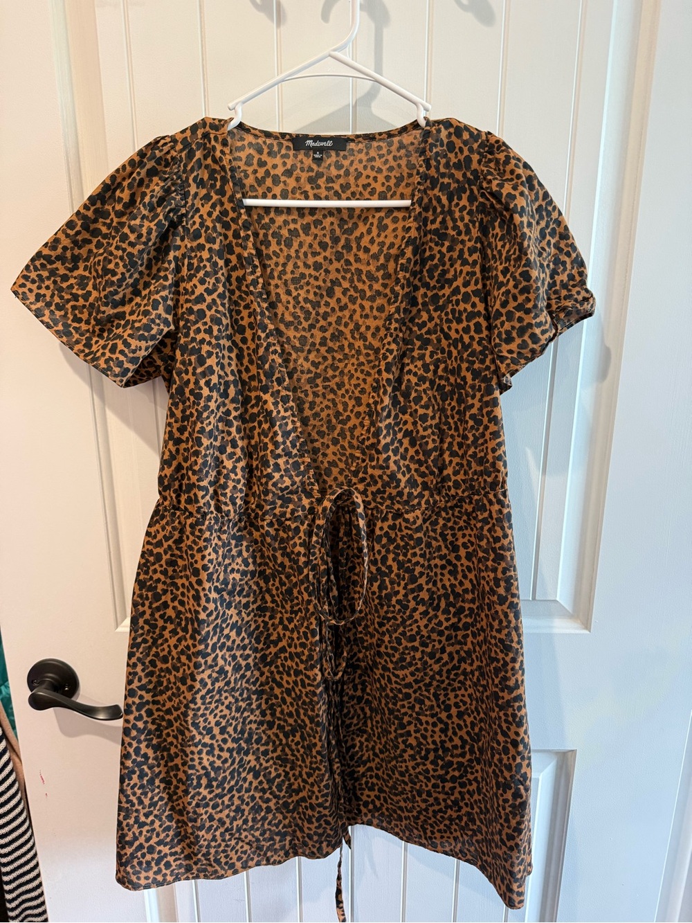 Madewell Black and Brown Leopard-Print Flutter Sleeve Wrap Dress
